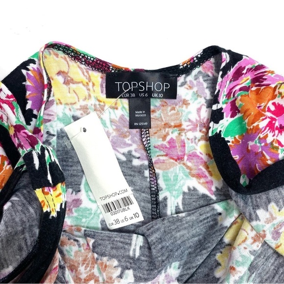 TOPSHOP Floral Print Cut Back Waist Belt Sleeveless Jersey Romper In Black - Picture 9 of 9